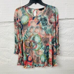 N touch Vibrant Multicolor keyhole back & flare sleeve Women's Blouse size 1X